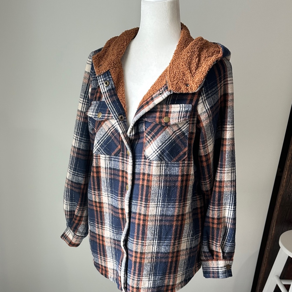 Dokotoo Womens Plaid Shacket Jacket Sherpa Fleece hood - Picture 5 of 13